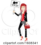 Poster, Art Print Of Red Haired Real Estate Agent Holding A Sold Sign
