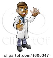 Cartoon Full Length Friendly Black Male Scientist Waving And Giving A Thumb Up