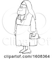 Clipart Of A Cartoon Lineart Black Nun Carrying A Bible And Wearing A Cross Around Her Neck Royalty Free Vector Illustration by djart