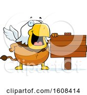 Cartoon Chubby Griffin Mascot Character By A Blank Sign