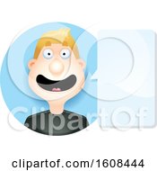 Clipart Of A Happy Blond White Man Talking In A Blue Circle Royalty Free Vector Illustration