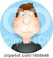 Clipart Of A Happy Brunette White Man Smiling In A Blue Circle Royalty Free Vector Illustration by Cory Thoman