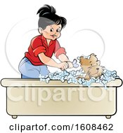 Girl Bathing A Puppy Dog In A Bath Tub