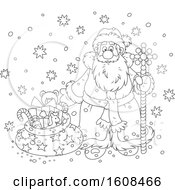 Poster, Art Print Of Santa Claus With A Staff And Sack Of Gifts In The Snow In Black And White