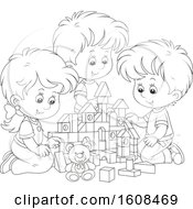 Poster, Art Print Of Lineart Girl And Boys Playing With Toy Building Blocks
