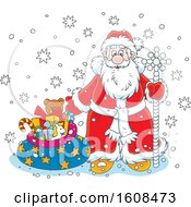 Poster, Art Print Of Santa With A Staff And Sack Of Christmas Gifts In The Snow
