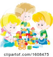 Poster, Art Print Of White Girl And Boys Playing With Toy Building Blocks