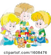 Poster, Art Print Of Caucasian Girl And Boys Playing With Toy Building Blocks