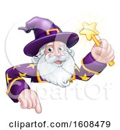 Poster, Art Print Of Happy Wizard Holding A Magic Wand Over A Sign