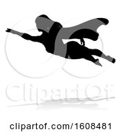 Poster, Art Print Of Silhouetted Flying Female Super Hero With A Reflection Or Shadow On A White Background
