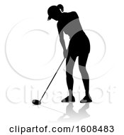 Poster, Art Print Of Silhouetted Female Golfer With A Reflection Or Shadow On A White Background