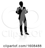 Clipart Of A Silhouetted Business Man Holding Two Thumbs Up With A Reflection Or Shadow On A White Background Royalty Free Vector Illustration