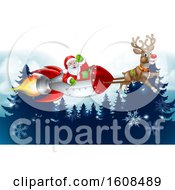 Poster, Art Print Of Reindeer Flying With Santa In A Rocket Over Evergreens With Snowflakes