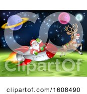 Poster, Art Print Of Reindeer Flying With Santa In A Rocket Over In Outer Space