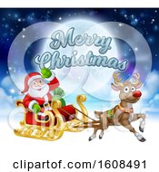 Poster, Art Print Of Merry Christmas Greeting With Santa Claus In A Flying Magic Sleigh With A Red Nosed Reindeer Against The Moon