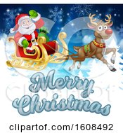 Poster, Art Print Of Merry Christmas Greeting With Santa Claus In A Flying Magic Sleigh With A Red Nosed Reindeer Over Evergreens And Snowflakes