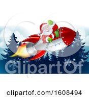 Poster, Art Print Of Santa Riding In A Rocket Over Evergreen Trees And Snowflakes