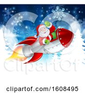 Poster, Art Print Of Santa Riding In A Rocket Over Trees And Snowflakes