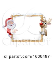 Poster, Art Print Of Christmas Santa Claus And Reindeer With A Blank Sign With Snow