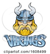 Tough Blond Male Warrior Face Wearing A Horned Helmet Over Vikings Text