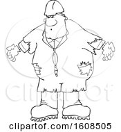 Clipart Of A Cartoon Lineart Black Male Worker Wearing Old Torn Coveralls And A White Hard Hat Royalty Free Vector Illustration
