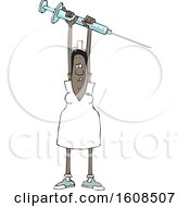 Clipart Of A Cartoon Black Female Nurse Holding Up A Giant Vaccine Syringe Royalty Free Vector Illustration
