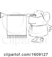 Clipart Of A Cartoon Lineart Black Male Christmas Angel Blowing A Horn With A Banner Sign Royalty Free Vector Illustration