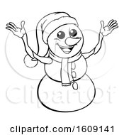 Clipart Of A Lineart Welcoming Christmas Snowman Wearing A Scarf And A Santa Hat Royalty Free Vector Illustration
