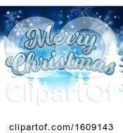 Clipart Of A Merry Christmas Greeting With Silhouetted Evergreen Trees With Snowflakes Royalty Free Vector Illustration