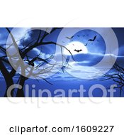 Poster, Art Print Of 3d Halloween Landscape With Bats And Tree Silhouettes