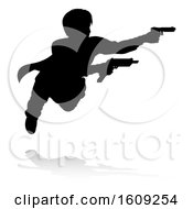 Silhouetted Actor Or Action Hero Shooting With A Reflection Or Shadow On A White Background