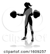 Clipart Of A Silhouetted Woman Working Out With A Barbell With A Shadow On A White Background Royalty Free Vector Illustration