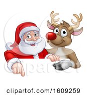 Clipart Of A Red Nosed Christmas Reindeer And Santa Claus Over A Sign Royalty Free Vector Illustration