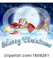 Poster, Art Print Of Reindeer Flying With Santa In A Rocket Against A Full Moon With Merry Christmas Text