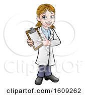 Poster, Art Print Of Cartoon Friendly White Female Doctor Holding And Pointing To A Clipboard
