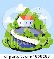 Poster, Art Print Of Rural Landscape With Cute Small House On Background Of Green Leafy Forest