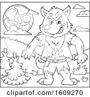 Clipart Of A Lineart Tough Halloween Werewolf Under A Full Moon Royalty Free Vector Illustration by visekart