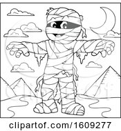 Clipart Of A Lineart Mummy And Egyptian Pyramids Royalty Free Vector Illustration by visekart