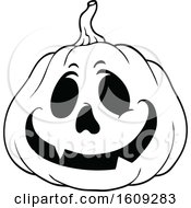 Clipart Of A Black And White Carved Halloween Jackolantern Pumpkin Royalty Free Vector Illustration