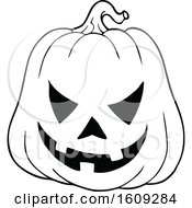 Clipart Of A Black And White Carved Halloween Jackolantern Pumpkin Royalty Free Vector Illustration