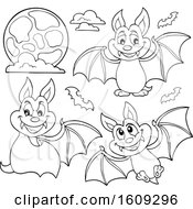 Clipart Of Flying Vampire Bats And A Full Moon In Black And White Royalty Free Vector Illustration