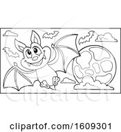 Poster, Art Print Of Lineart Flying Vampire Bat And Full Moon