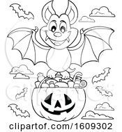 Poster, Art Print Of Lineart Vampire Bat Flying With A Pumpkin Basket Of Halloween Candy