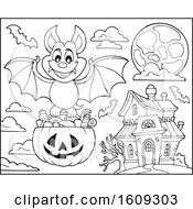 Poster, Art Print Of Lineart Vampire Bat Flying With A Pumpkin Basket Of Halloween Candy Near A Haunted House