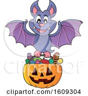 Poster, Art Print Of Vampire Bat Flying With A Pumpkin Basket Of Halloween Candy