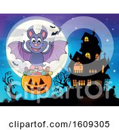 Poster, Art Print Of Vampire Bat Flying With A Pumpkin Basket Of Halloween Candy Near A Haunted House
