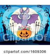 Poster, Art Print Of Vampire Bat With A Pumpkin Basket Of Halloween Candy Over A Full Moon And Cemetery Gates