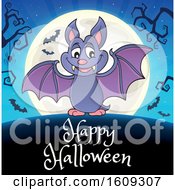 Poster, Art Print Of Flying Vampire Bat And Full Moon Over Happy Halloween Text
