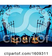 Poster, Art Print Of Graveyard Entrance With Gates And Halloween Jackolantern Pumpkins Over Blue