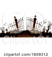 Poster, Art Print Of Cemetery Entrance With Gates And Halloween Jackolantern Pumpkins